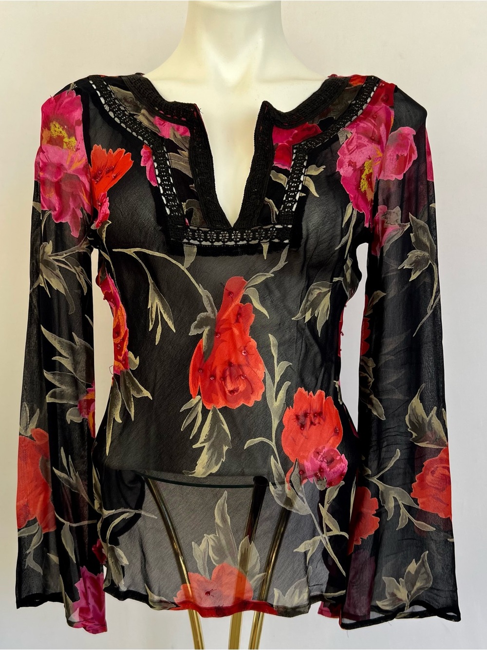 Vintage Y2K Red Rose Fairycore Sheer Bell Sleeve Top Blouse Dark Romantic Goth